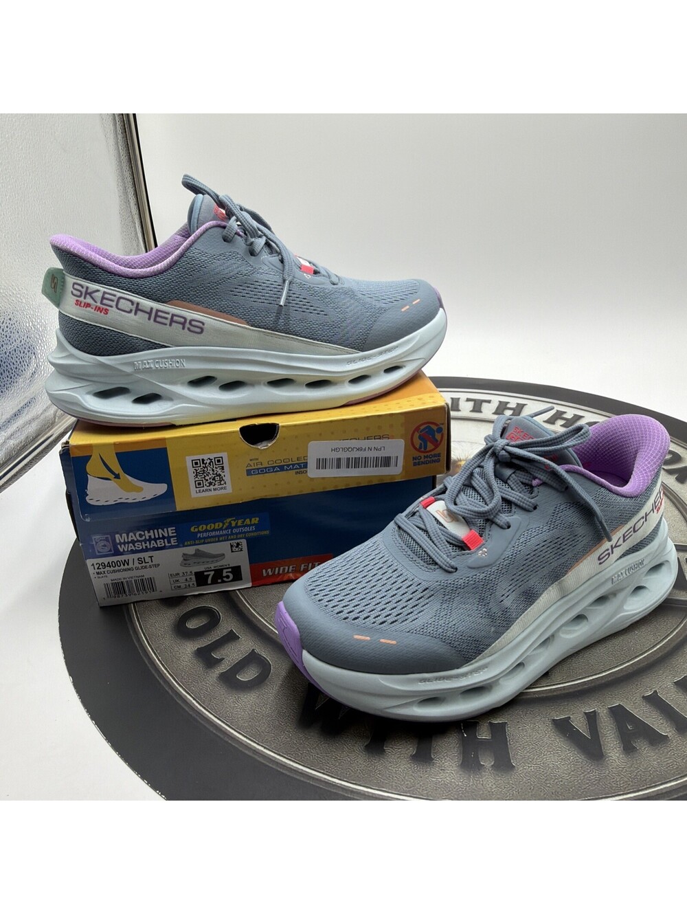 Skechers Max Cushioning Glide Step Slate Blue Athletic 129400W Women Sz 7.5